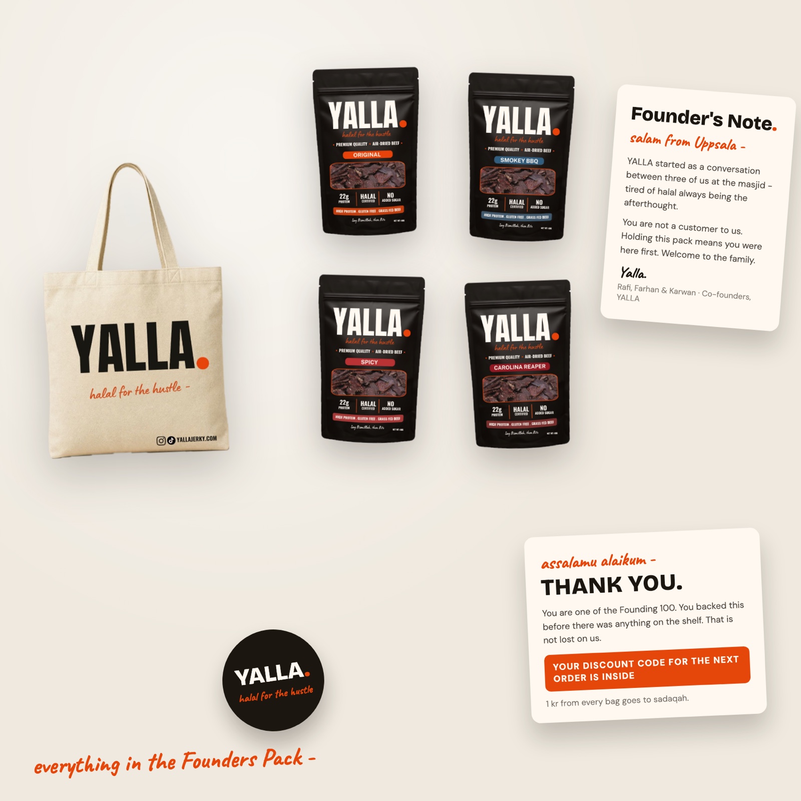 The YALLA Founders Pack: four 40g bags, a tote bag, stickers, a founders note and a thank-you card